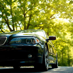 A high-quality image of a black BMW E55 positioned strikingly against a picturesque backdrop of lush, green trees