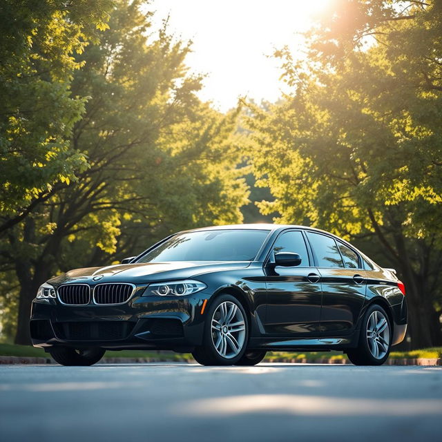 A high-quality image of a black BMW E55 positioned strikingly against a picturesque backdrop of lush, green trees