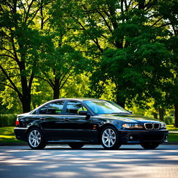 A high-quality image of a black BMW E55 positioned strikingly against a picturesque backdrop of lush, green trees