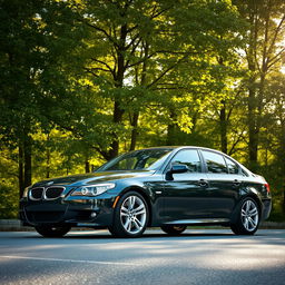 A high-quality image of a black BMW E55 positioned strikingly against a picturesque backdrop of lush, green trees