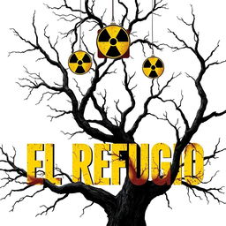 A striking book cover design for a horror novel titled 'El Refugio', featuring the title prominently displayed in bold text against a stark white background