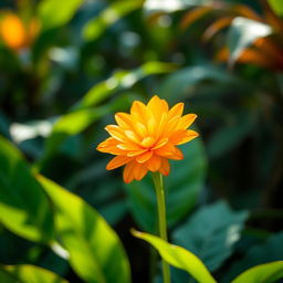 A single glowing sepon flower in a lush tropical garden, with vibrant green leaves surrounding it