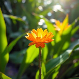 A single glowing sepon flower in a lush tropical garden, with vibrant green leaves surrounding it