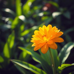 A single glowing sepon flower in a lush tropical garden, with vibrant green leaves surrounding it