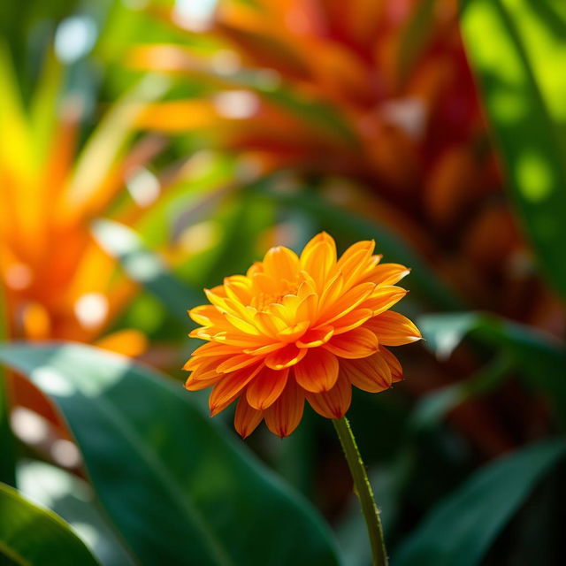 A single glowing sepon flower in a lush tropical garden, with vibrant green leaves surrounding it