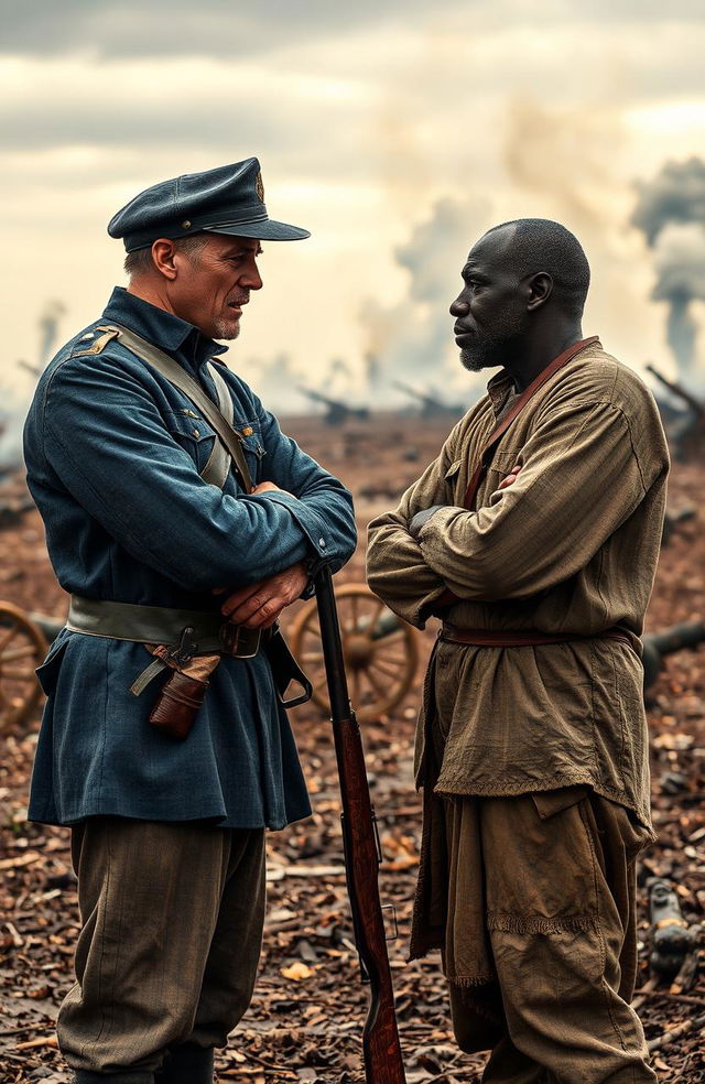 A dramatic face-off scene between a white Civil War soldier wearing a dusty blue uniform and a black man dressed in tattered clothing representing a slave