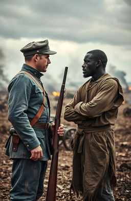 A dramatic face-off scene between a white Civil War soldier wearing a dusty blue uniform and a black man dressed in tattered clothing representing a slave