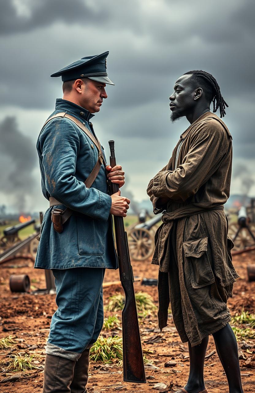 A dramatic face-off scene between a white Civil War soldier wearing a dusty blue uniform and a black man dressed in tattered clothing representing a slave