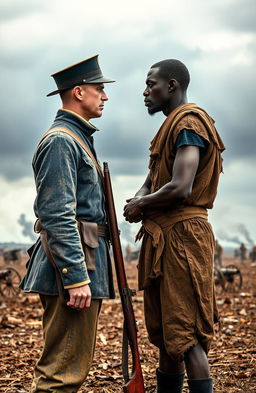 A dramatic face-off scene between a white Civil War soldier wearing a dusty blue uniform and a black man dressed in tattered clothing representing a slave