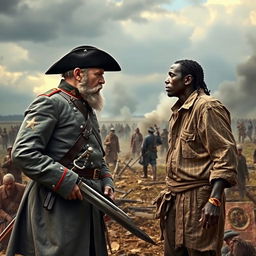 A historical depiction of a tense face-off between Confederate General Nathan Bedford Forrest, dressed in a gray military uniform with distinctive details, and an enslaved person standing defiantly in tattered clothing