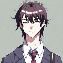 A digital illustration of a tall, edgy, anime-style male teenager, a scholarly schoolboy with long emo bangs