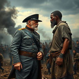 A historical depiction of a tense face-off between Confederate General Nathan Bedford Forrest, dressed in a gray military uniform with distinctive details, and an enslaved person standing defiantly in tattered clothing
