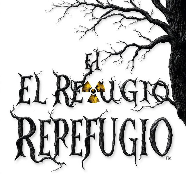 A chilling book cover design for a horror novel titled 'El Refugio', featuring the title prominently displayed in a unique font that resembles intricate tree branches, set against a stark white background