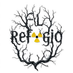 A chilling book cover design for a horror novel titled 'El Refugio', featuring the title prominently displayed in a unique font that resembles intricate tree branches, set against a stark white background