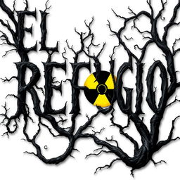 A chilling book cover design for a horror novel titled 'El Refugio', featuring the title prominently displayed in a unique font that resembles intricate tree branches, set against a stark white background