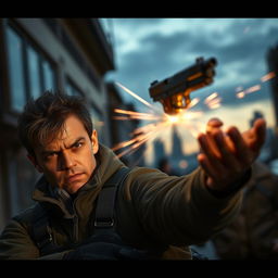A dramatic scene where a determined and intense character catches a gun mid-air, showcasing the movement and dynamics of the action