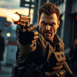 A dramatic scene where a determined and intense character catches a gun mid-air, showcasing the movement and dynamics of the action
