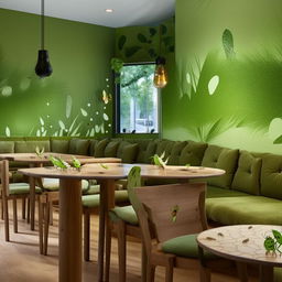 A cozy, nature-inspired cafe with grasshopper decor elements, green walls, glass tables decorated with grasshopper motifs, coffee mugs with grasshopper prints, and plush grasshopper cushions on wooden chairs.