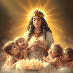 Isis, the protective mother, surrounded by joyful children, emanating a golden halo of light