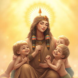 Isis, the protective mother, surrounded by joyful children, emanating a golden halo of light