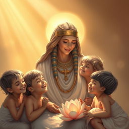 Isis, the protective mother, surrounded by joyful children, emanating a golden halo of light