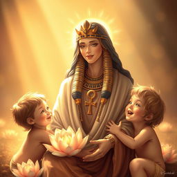 Isis, the protective mother, surrounded by joyful children, emanating a golden halo of light