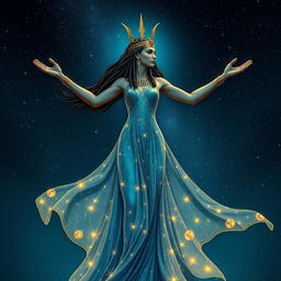 The Egyptian goddess Nut, extending her arms to cover the starry cosmos with a mesmerizing dress that reflects a night sky filled with twinkling stars