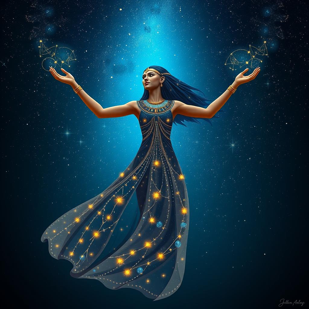 The Egyptian goddess Nut, extending her arms to cover the starry cosmos with a mesmerizing dress that reflects a night sky filled with twinkling stars