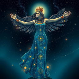 The Egyptian goddess Nut, extending her arms to cover the starry cosmos with a mesmerizing dress that reflects a night sky filled with twinkling stars