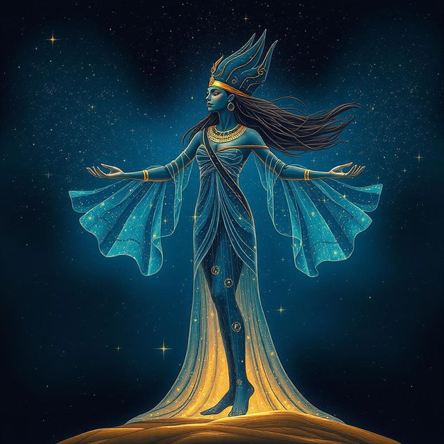 The Egyptian goddess Nut, extending her arms to cover the starry cosmos with a mesmerizing dress that reflects a night sky filled with twinkling stars