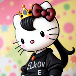 A unique version of Hello Kitty, featuring her with black hair styled elegantly and wearing a stylish black shirt adorned with English letters