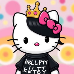 A unique version of Hello Kitty, featuring her with black hair styled elegantly and wearing a stylish black shirt adorned with English letters