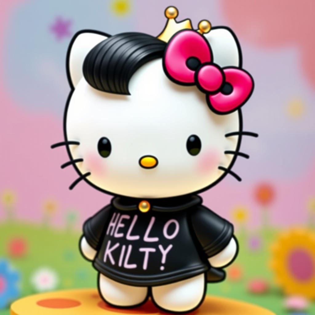 A unique version of Hello Kitty, featuring her with black hair styled elegantly and wearing a stylish black shirt adorned with English letters