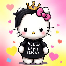 A unique version of Hello Kitty, featuring her with black hair styled elegantly and wearing a stylish black shirt adorned with English letters