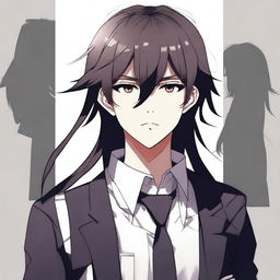 Digital art of a tall, edgy, anime-style scholarly teen dressed in school uniform, characterized by long emo bangs and an overwhelmingly massive, triple-emphasized beard covering his mouth