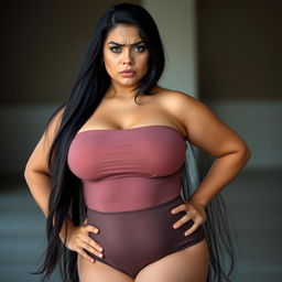 A 25-year-old beautiful voluptuous woman with long, flowing black hair and captivating light blue eyes
