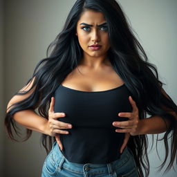 A 25-year-old beautiful voluptuous woman with long, flowing black hair and captivating light blue eyes