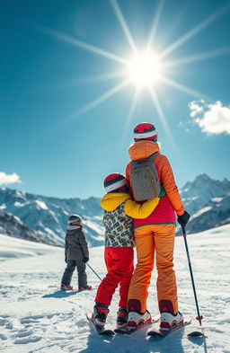 A heartwarming winter scene featuring a mother skiing alongside her two sons