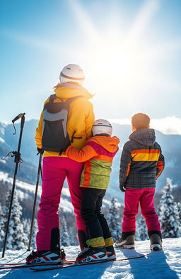 A heartwarming winter scene featuring a mother skiing alongside her two sons