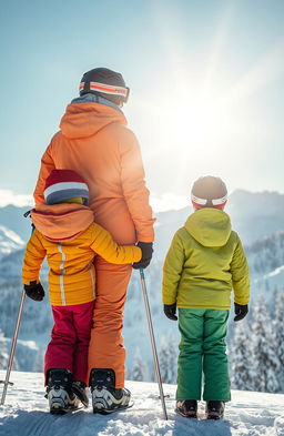A heartwarming winter scene featuring a mother skiing alongside her two sons