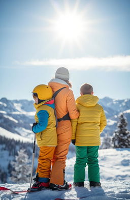 A heartwarming winter scene featuring a mother skiing alongside her two sons