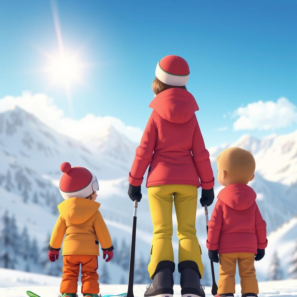 A touching animated scene depicting a mother skiing with her two sons