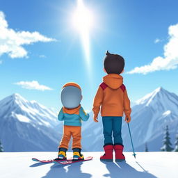 A touching animated scene depicting a mother skiing with her two sons