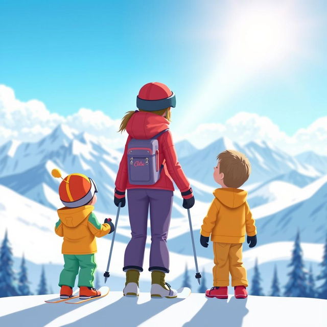 A touching animated scene depicting a mother skiing with her two sons