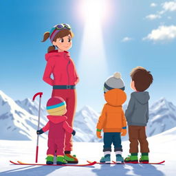 A touching animated scene depicting a mother skiing with her two sons