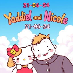 A cute, whimsical illustration of Hello Kitty with her boyfriend, both smiling happily together