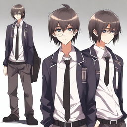 Digital art of a tall, edgy, anime-style scholarly teen dressed in school uniform, characterized by long emo bangs and an overwhelmingly massive, triple-emphasized beard covering his mouth