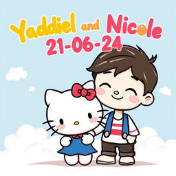 A cute, whimsical illustration of Hello Kitty with her boyfriend, both smiling happily together