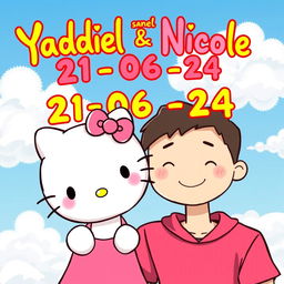 A cute, whimsical illustration of Hello Kitty with her boyfriend, both smiling happily together
