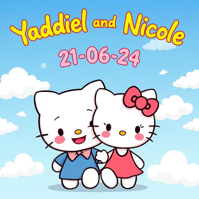 A cute, whimsical illustration of Hello Kitty with her boyfriend, both smiling happily together